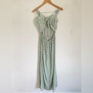 Kiwi + Punch Maxi Dress Womens Green Pastel Sage Floral Cut Out Tie Front Size M